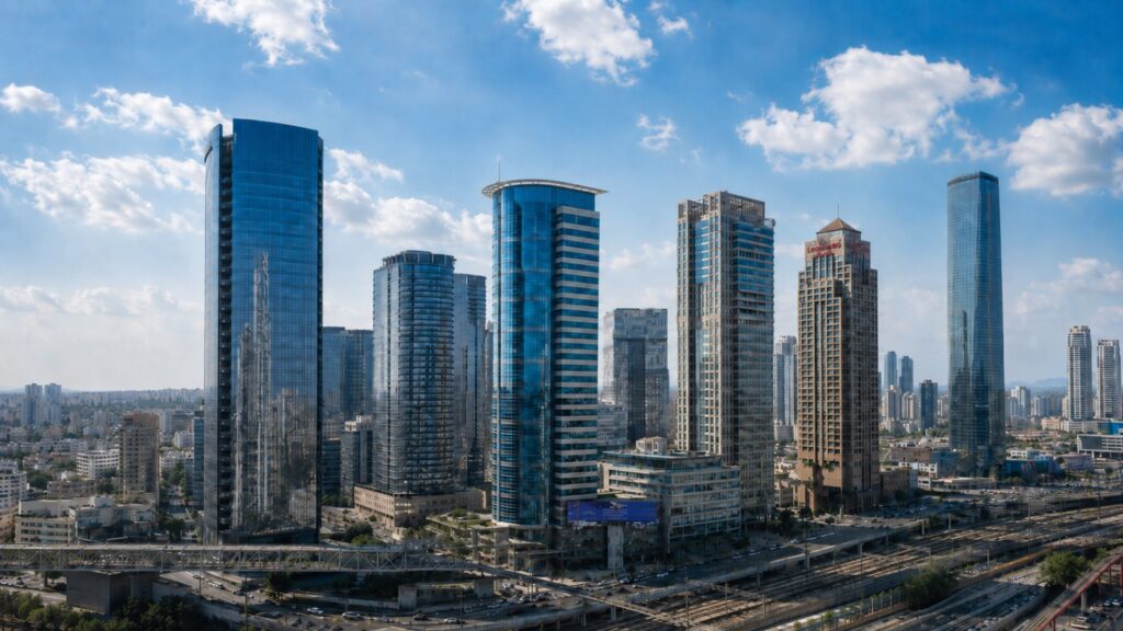 מגדל רוגובין תדהר במתחם הבורסה רמת גן לצד מגדלי משרדים עם שטחים להשכרה לעסקים