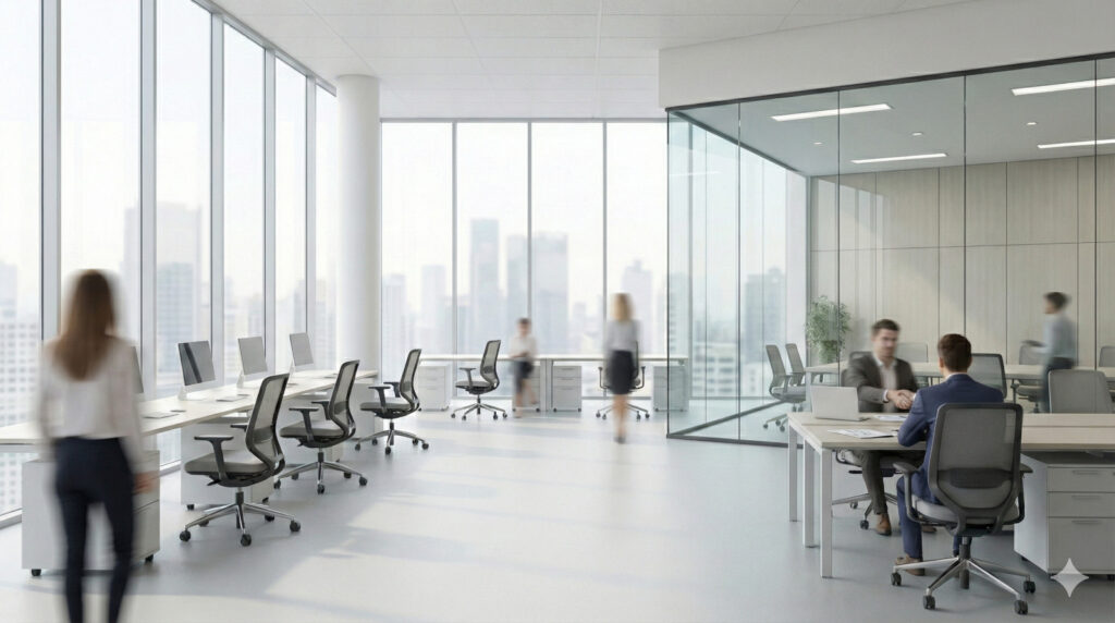 חלל עבודה פתוח במשרד מודרני להשכרה עם קירות זכוכית ונוף עירוני