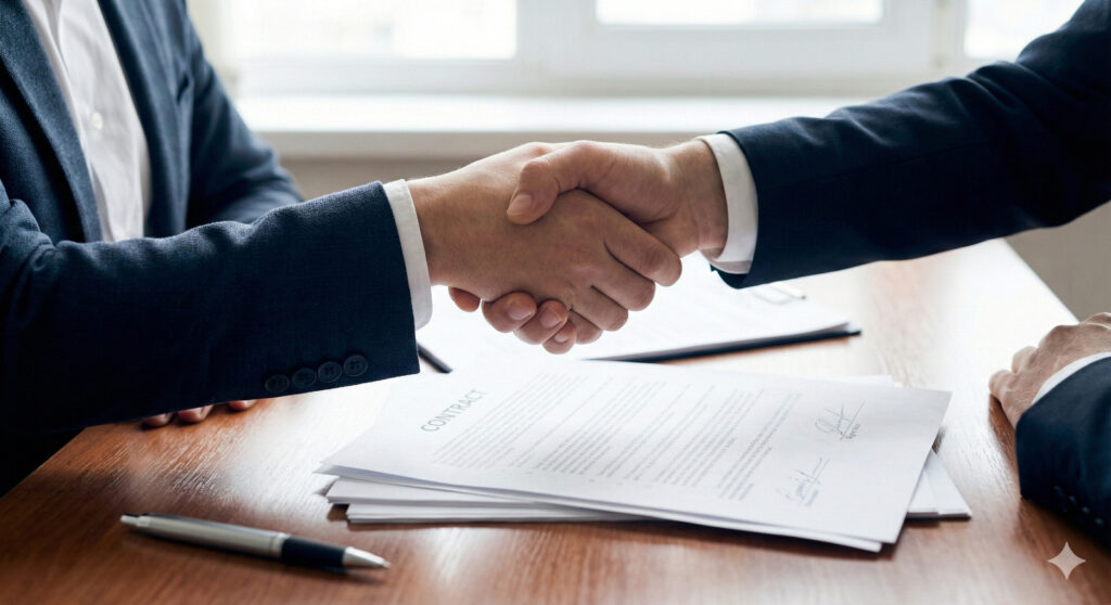 לחיצת יד בין אנשי עסקים מעל חוזה שכירות משרדים על שולחן ישיבות