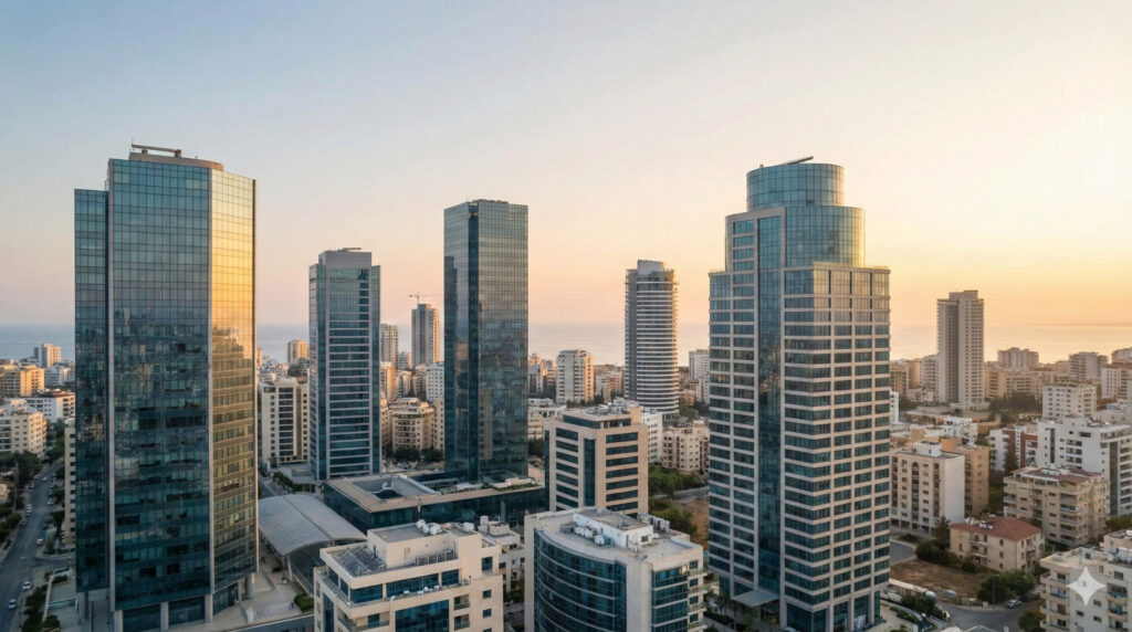 מגדלי משרדים מודרניים באזור עסקים סמוך לים המתאימים למשרדים להשכרה