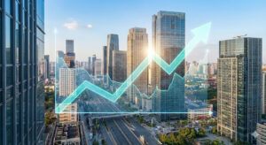 קו רקיע של מגדלי משרדים במרכז עסקים עם גרף עולה של שוק המשרדים להשכרה