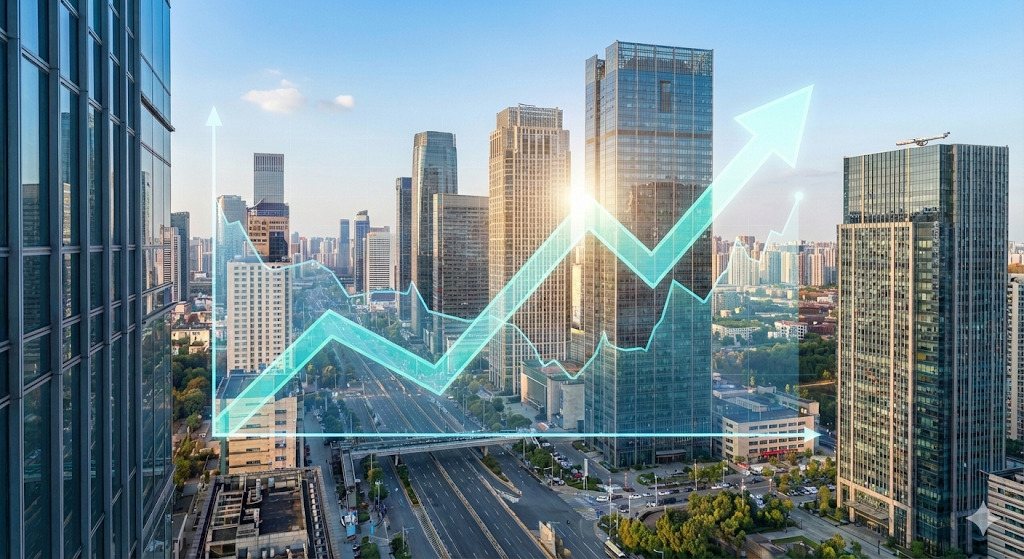 קו רקיע של מגדלי משרדים במרכז עסקים עם גרף עולה של שוק המשרדים להשכרה